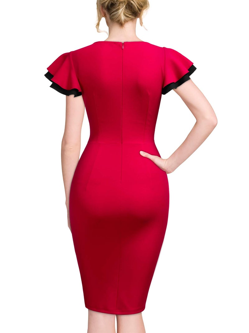 Miusol Women's Navy Style Deep-V Neck Vintage Evening Pencil Dress(Large,Red) - Image 2